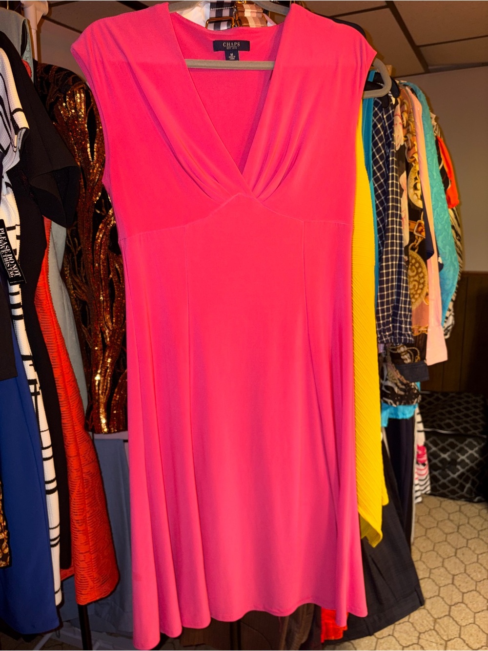 Chaps Bright Pink Mock V‑Neck sleeveless Midi Dress Sz M